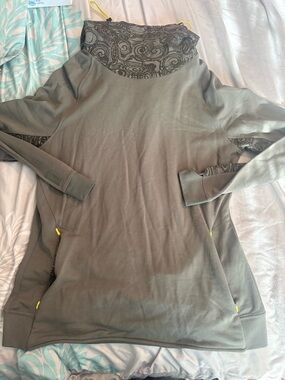 BMW Olive Green Women's Pullover Hoodie with Patterned Mock Neck